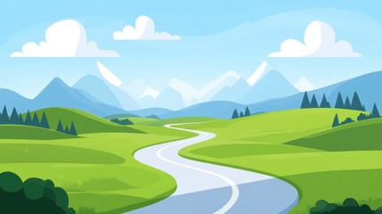 Obraz premium Serene Landscape Illustration with Rolling Hills, Majestic Mountains, Clear Blue Sky, and Winding River in a Tranquil Scene Perfect for Nature Themes