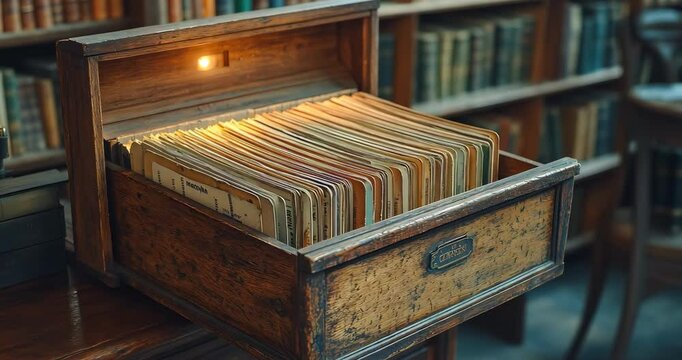 Static shot of an old wooden card catalog drawer in a library, illuminated from within.