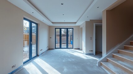 Bright and spacious living room reveals freshly completed putty work, bathed in warm sunlight. The walls are smooth, and the atmosphere invites creativity, ready for new decor