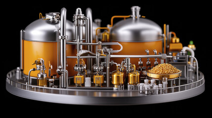 Industrial processing equipment with tanks and pipes, showcasing complex setup