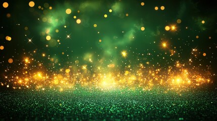 Obraz premium A vibrant tapestry of verdant hues, adorned with golden bokeh lights and sparkling particles that danced in the air, creating an ethereal and mesmerizing spectacle. 