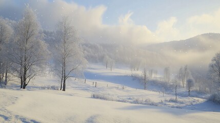 Obraz premium Snowy landscape with frosty trees and mountains under a bright winter sky.
