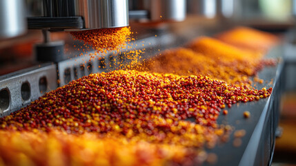 Paprika production plant, bright red bell peppers being sun-dried, industrial grinding machines producing fine spice powder, sterile and dust-free processing