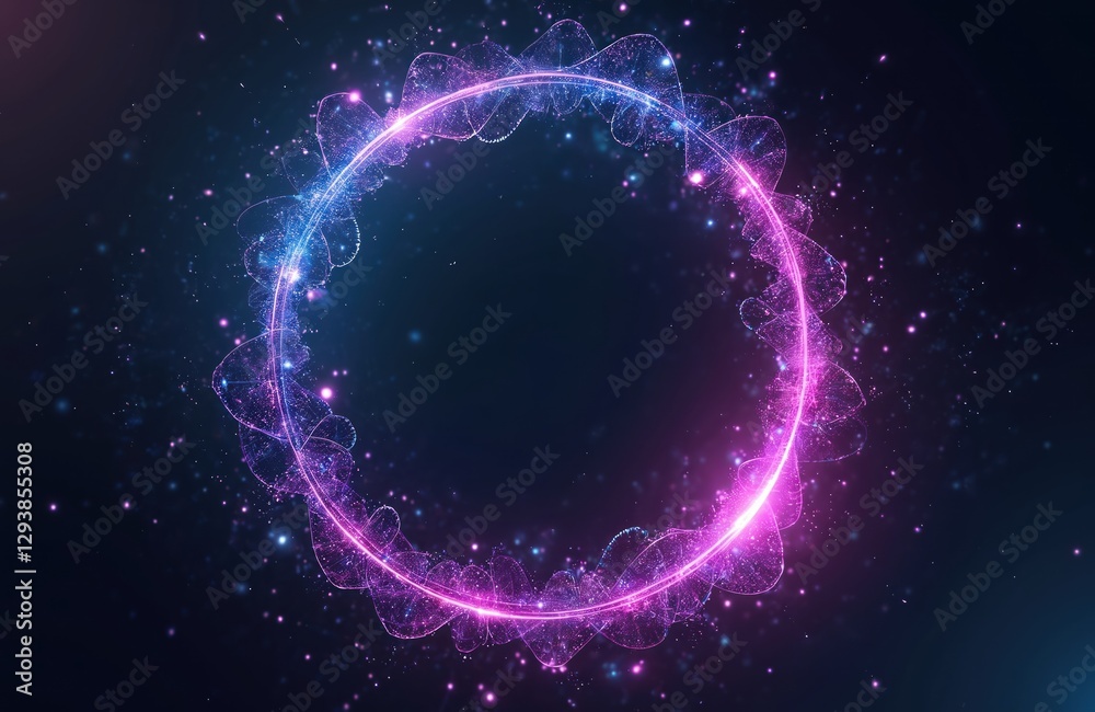 Poster creative digital tech circle on dark backdrop with glowing particles. big data visualization, techno