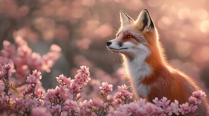 Fototapeta premium Red fox amidst dreamy pink blooms, spring awakening in soft light