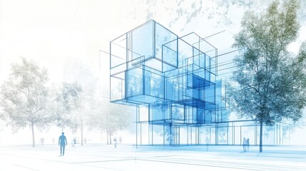 Futuristic architectural building design concept sketch, urban park setting, possible use for design inspiration or architecture visualizations
