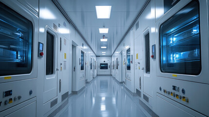 Pharmaceutical freeze-drying unit, sterile white facility with automated freeze-dryers preserving vaccine potency, precision-controlled environment