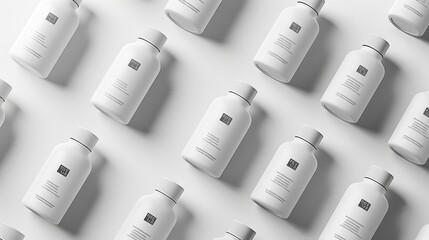 Clean white cosmetic bottles are neatly organized in a grid format on a light colored surface, highlighting an aesthetic design ideal for skincare branding in a contemporary environment