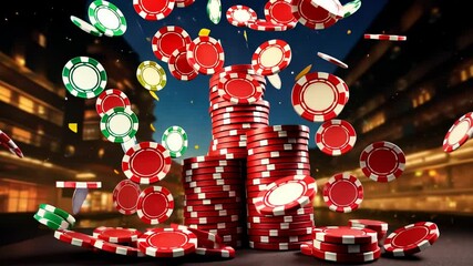 Low-angle shot of stacked poker chips on a table, with a blurred cityscape background, creating a cinematic video game ambiance.