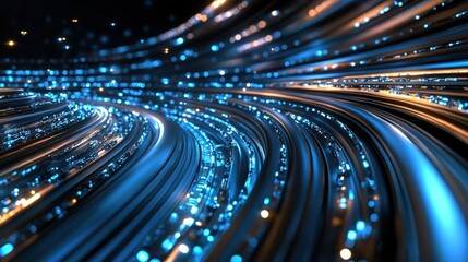 Vibrant flowing lines of blue and orange light create a mesmerizing visual effect, representing technology and innovation in a digital world, abstract concept