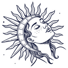 Vintage hand-drawn sun face tattoo design in engraving style, perfect for tattoos