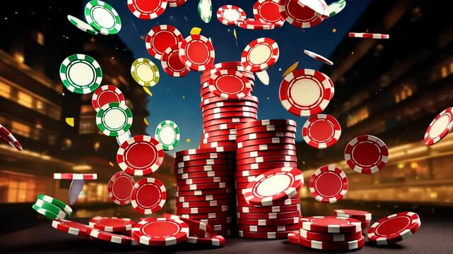 Low-angle shot of stacked poker chips on a table, with a blurred cityscape background, creating a cinematic video game ambiance.