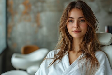 Obraz premium Relaxing woman in white robe enjoying spa treatments in a serene environment