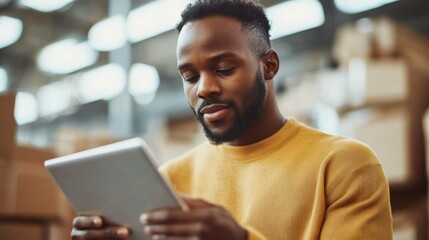 Young man in a yellow sweater using a tablet computer in a warehouse filled with cardboard boxes, engaged in work or online shopping surrounded by a busy environment