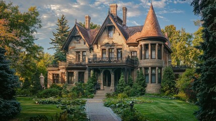 Fototapeta premium Elegant Victorian House Surrounded by Lush Greenery and Trees