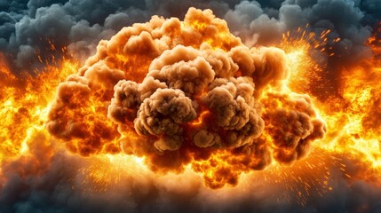 Explosive cloud formation with fiery orange hues and dramatic smoke billowing against a stormy sky showcasing a powerful explosion concept