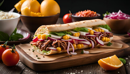 Delicious Pulled Pork Sandwich with Corn, Red Onion, and Lettuce on a Wooden Board