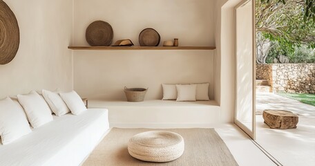Salon bohème beige avec canapé blanc, tapis et paniers tressés sur une étagère. Aménagement intérieur minimaliste d'une pièce d'habitation moderne et épuré avec porte vitrée donnant sur jardin.