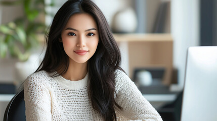 Asian professional in video conference radiating confidence