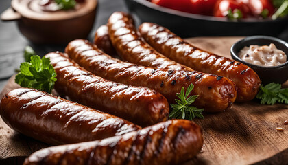 Delicious Grilled Sausages on a Wooden Cutting Board