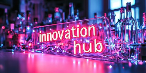 A vibrant neon sign reading "innovation hub" stands out against a backdrop of illuminated bottles, creating a lively atmosphere.