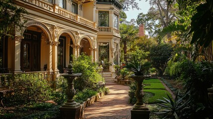 Fototapeta premium Elegant Victorian House Surrounded by Lush Gardens and Pathway