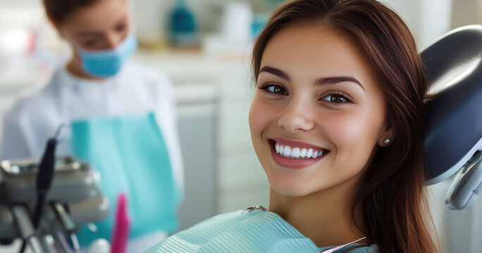 Une femme brune souriante, vue de face, assise sur une chaise dans un cabinet de soins dentaires, dentiste en arri&egrave;re-plan.