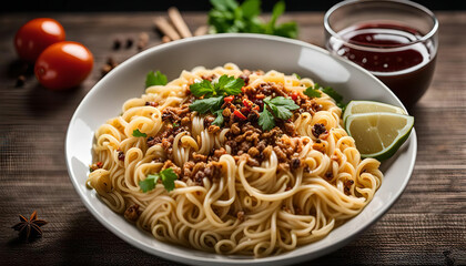 Delicious Noodles Dish with Meat and Parsley