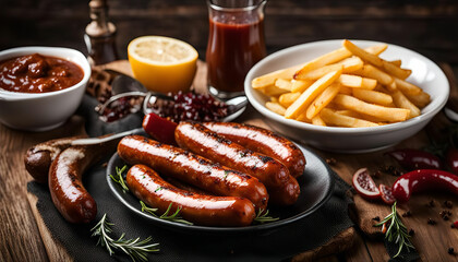 Delicious Grilled Sausages with French Fries