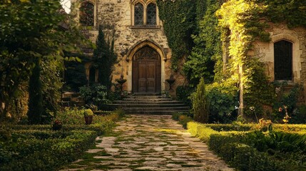 Naklejka premium Serene Pathway to Historic Stone Mansion Surrounded by Lush Greenery