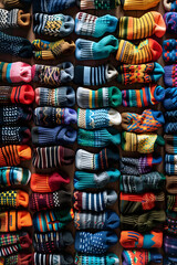 Vibrant Display of Diverse Socks in Various Patterns and Colors for Fashion and Organization