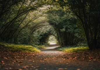 Naklejka premium Serene forest path surrounded by lush greenery and fallen leaves