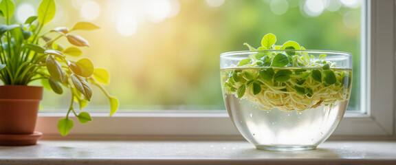Hydroponic greens growing in water on windowsill, nature's freshness