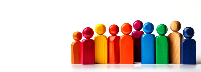 Group of colorful wooden people figures isolated on white background with copy space. Diversity, team, inclusion and human resources concept. Generative Ai.