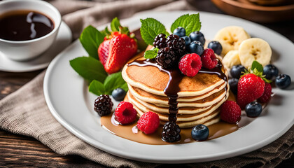 Delicious Pancakes with Fresh Berries and Chocolate Sauce