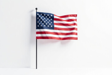 American Flag on a Black Pole Isolated on a White Background with Copy Space