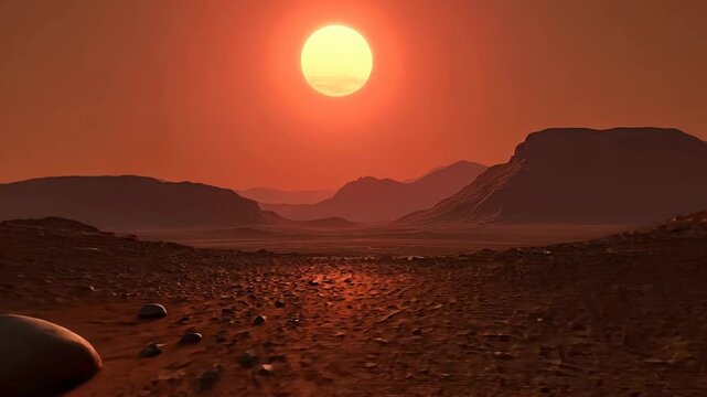 Sunrise over martian landscape: rocky red planet terrain with moving sun
