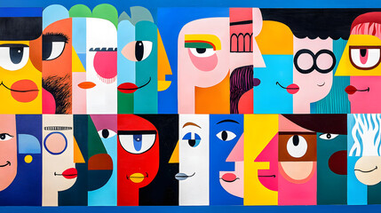 Creative abstract colorful cartoon people faces, geometric cubism portrait. Group of people, community modern trendy art collage
