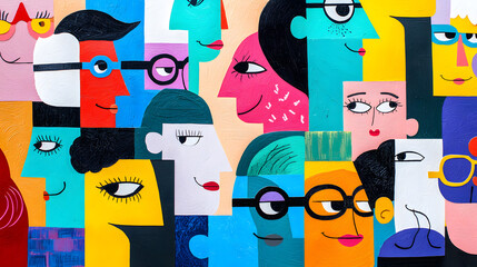 Creative abstract colorful cartoon people faces, geometric cubism portrait. Group of people, community modern trendy art collage