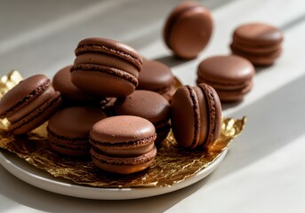 Delicious chocolate macarons arranged on a golden plate