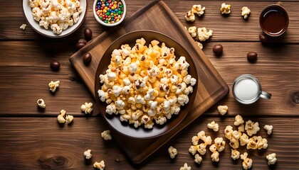 Popcorn and Drinks on Wooden Table