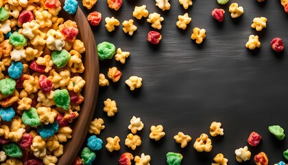 Colorful Cereal in Wooden Bowl on Black Surface