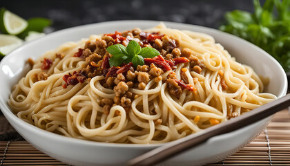 Delicious Noodles with Ground Pork and Basil