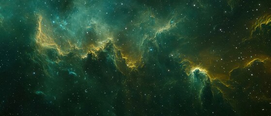 Obraz premium A dreamy, abstract green galaxy, where swirling cosmic clouds and distant stars create a sense of vastness and wonder. 