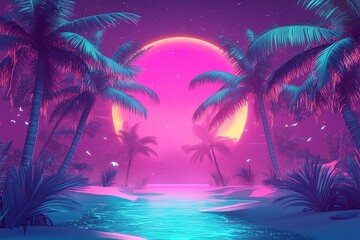 Pink Paradise: Abstract Tropical Palm Tree Silhouette Against a Vibrant Sunset Sky. Perfect for travel brochures, websites, social media, or any project needing a touch of exotic beauty and serenity. 