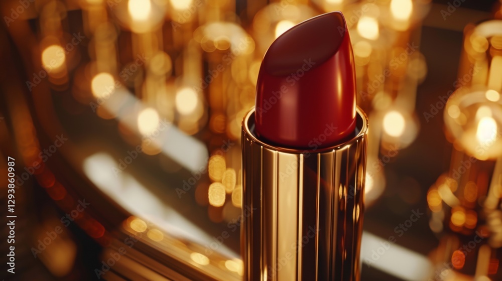 Aufkleber a rich red lipstick stands tall in its gleaming gold tube, surrounded by soft golden lights creating