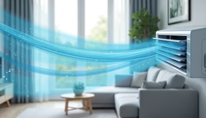 Air conditioner blowing fresh blue air waves for clean filtered apartment environment. AC unit enhances freshness, comfort. Indoor climate control, purified treatment, ventilation system improves air