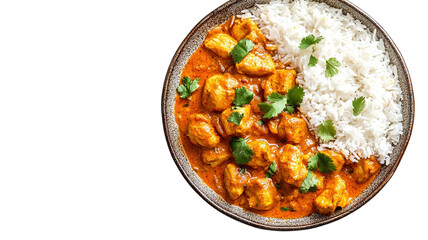 A traditional plate of chicken curry with rice, garnished with cilantro, isolated on a transparent background.