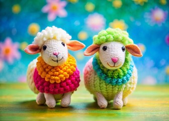 Obraz premium Adorable Handmade Woolen Sheep Amigurumi Crochet Toys on Bright Background