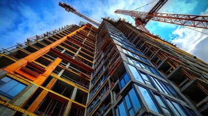 Fototapeta premium Lifting Heavy Steel Beam Into Place for Multi-Story Residential Building